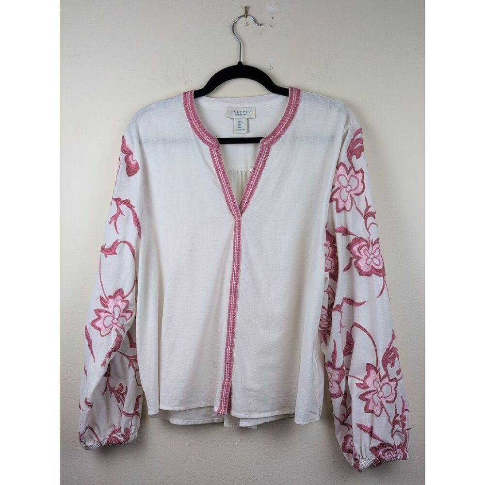 Calypso St. Barth Ivory Blouse with Pink Floral Embroidery Size L
